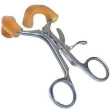 a scissors-like device with rubber prongs on one end to hold the mouth open and a ratchet to hold the position