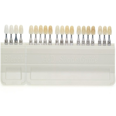 a shade guide with the bleached tooth shade bl1 to bl4 on the left, and the rest showing the 15 natural shades A1 to D4