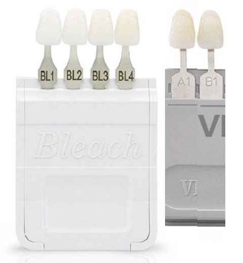 photo of the Ivoclar shade guide extension for bleached teeth, showing shades BL1, BL2, BL3, and BL4 alongside the classic Vita shade guide with shades A1 and B1