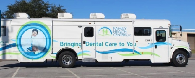 Photo of the Family Health Centers bus that serves as their mobile dental clinic