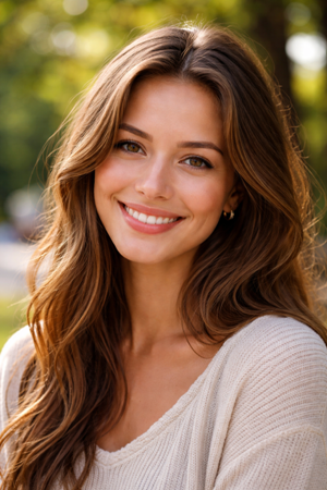 a portrait of a woman with long brown hair and a natural, beautiful smile.