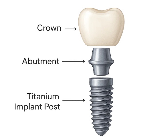 a drawing illustrating the three parts to an implant crown - the post, the abutment, and the crown on top